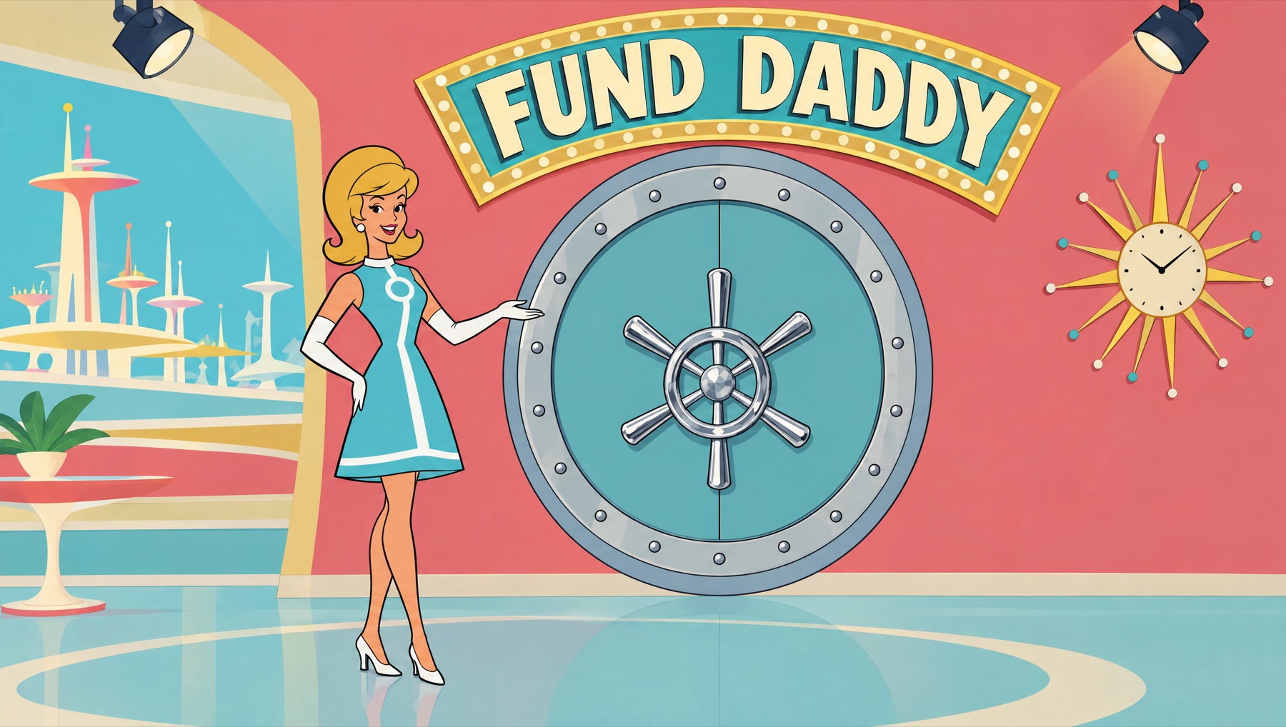 Frame 1: hostess presents the closed Fund Daddy vault