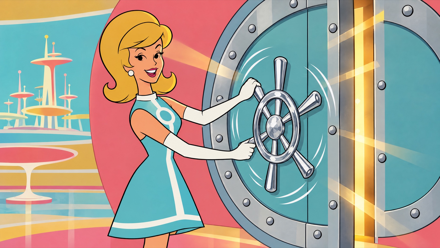 Frame 2: hostess spins the vault wheel, door cracks open