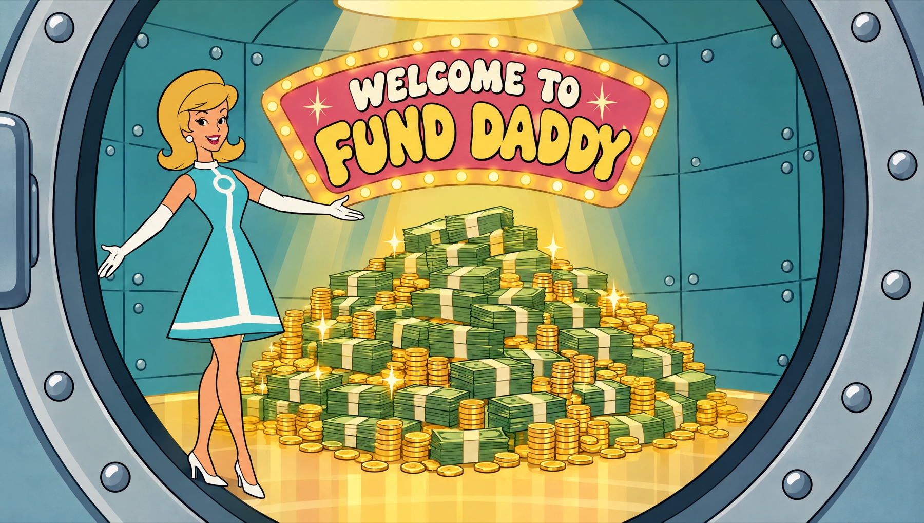 Frame 3: inside the vault, giant money pile, welcome sign