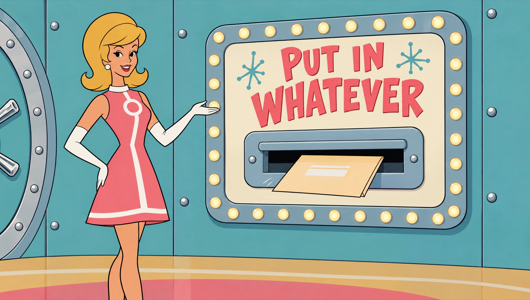 Frame 4: a second hostess presents the Put In Whatever wall board